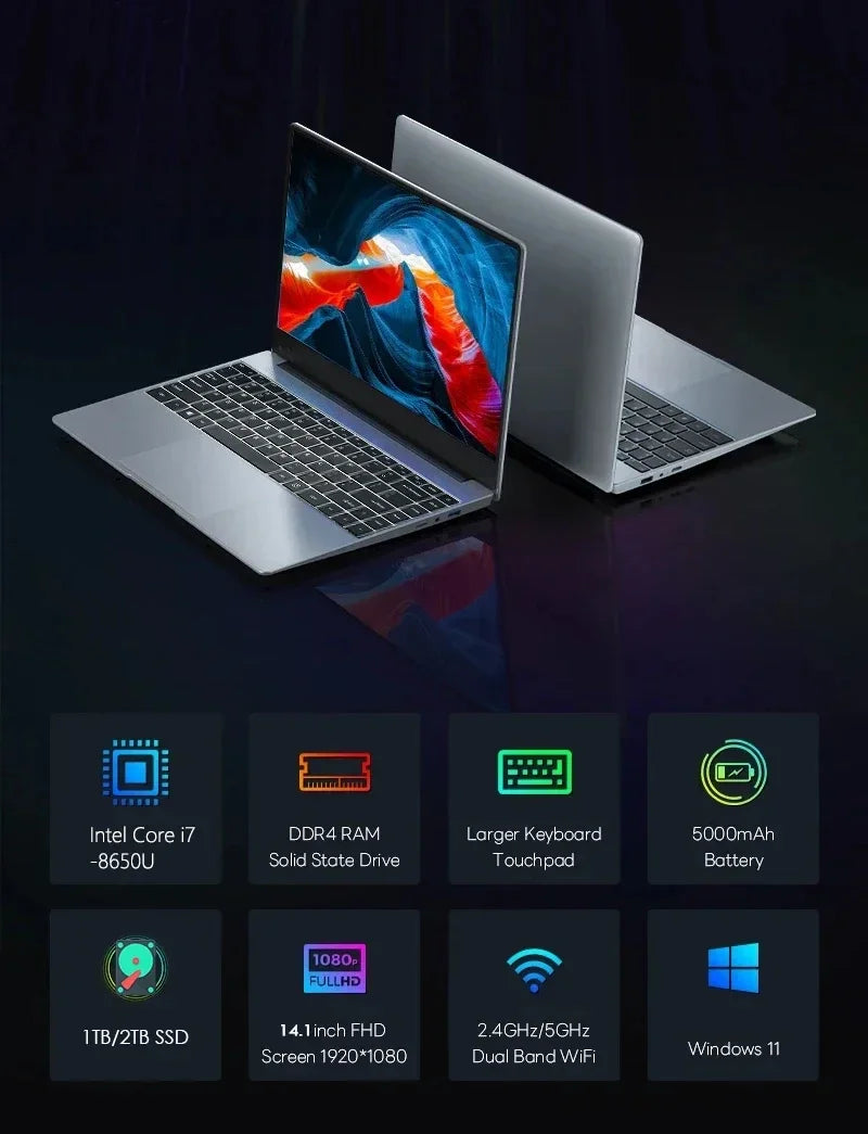 LENO HOT 14.1" Laptop Intel Core i7 8650U 32GB 2TB Windows 11 Gaming Computer PC Gamer office Ultra Slim Notebook 1920*1080 HD