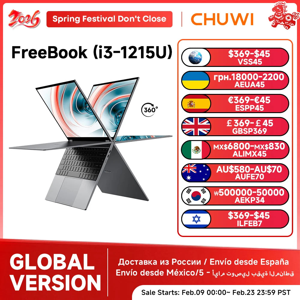 CHUWI FreeBook Laptop i3-1215U / N150 Processor 13.5" IPS Screen 2 In 1 Laptop Tablet PC 12GB RAM 512GB SSD Support Stylus