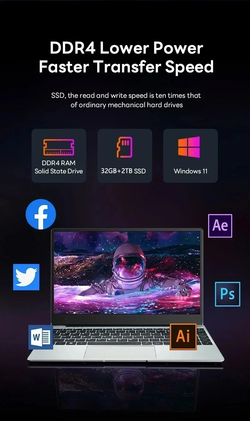 LENO HOT 14.1" Laptop Intel Core i7 8650U 32GB 2TB Windows 11 Gaming Computer PC Gamer office Ultra Slim Notebook 1920*1080 HD