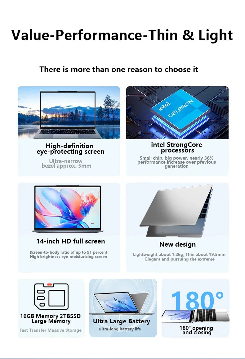 LENO Ultra Slim 14.1"Laptop 16GB RAM 2TB SSD Windows 11 Intel N3700 Notebook Gamer 1920*1080  Display Office Study Computer PC