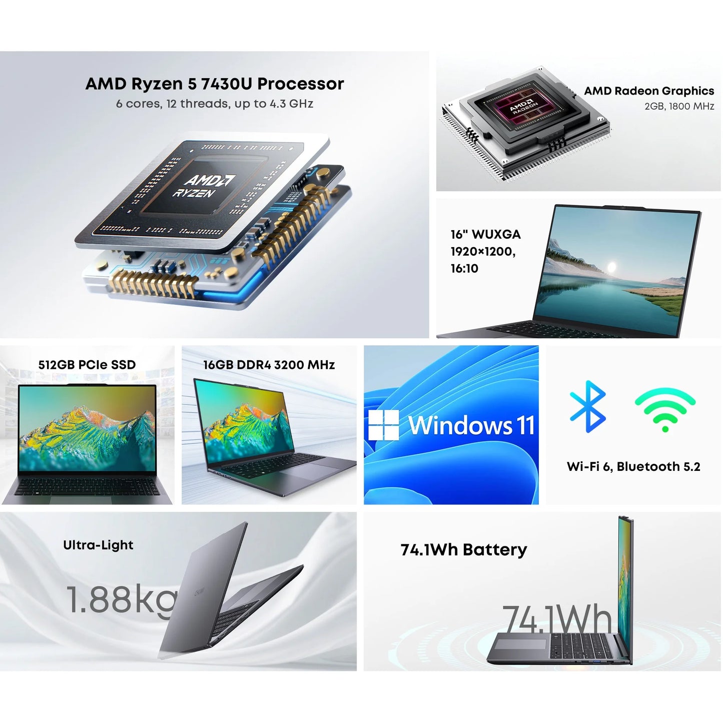 CHUWI CoreBook Plus Laptop 16inch FHD Screen R5-7430U 6 Cores Gaming Laptop 16GB RAM 512GB SSD Metal Body Notebook With Cooler